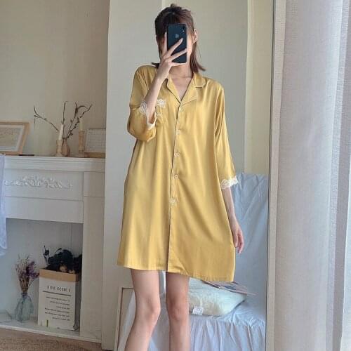 Yellow Cute Lace Trim Nightdress Ladies Spring Summer New Ice Silk Nightgown 3/4 Sleeve Sleepshirts Lounge With Pocket Sleepwear