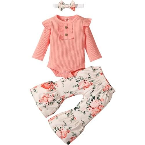 New Baby Girls 3PCS Fall Outfits, Long Sleeve Rib Knit Romper + Floral Flare Pants + Headband Set