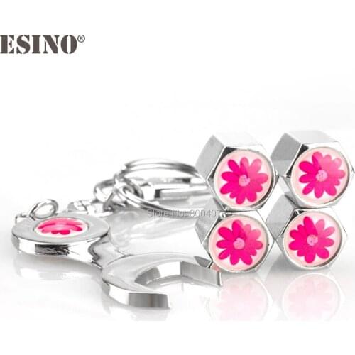 40 x Car Styling Stainless Steel Zinc Alloy Wheel Tire Valve Stems Caps Flower Universal Fit With Mini Wrench Key Chain