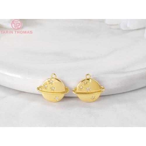 6PCS 8x10MM Hole 1MM 24K Gold Color Plated Brass with Zircon Planet Charms Pendants High Quality Diy Jewelry Accessories