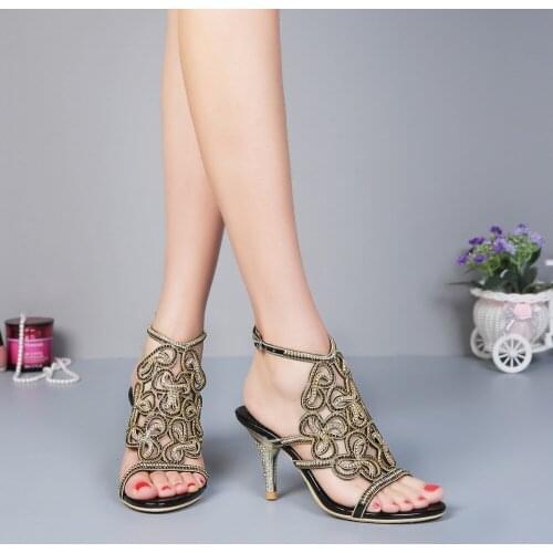 G-sparrow, Fashion brand,Thick with High heels ladies diamond sandals sexy summer black temptation Hollow out party shoes
