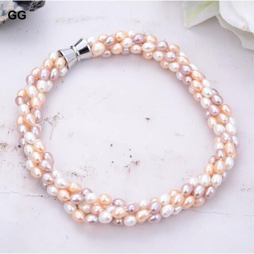 GuaiGuai Jewelry 20'' 4 Strands 9-10MM Multi Color Rice Pink White Purple Pearl Necklace For Women