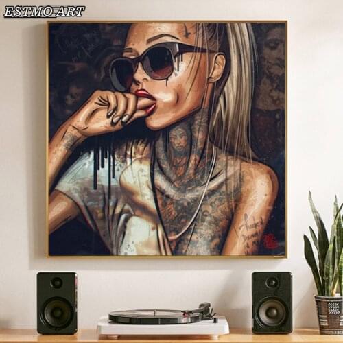 Canvas painting abstract Cool Sexy Girl Tattoo Painting Wear Glasses Sex Women Posters Portrait Wall Art Pictures for Home Decor