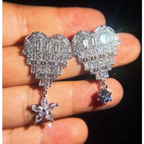 Fashion Romantic Heart Drop Earrings Asymmetrical Accessories Inlay Shiny Crystal Zircon Silver Jewelry For Women Wedding Party