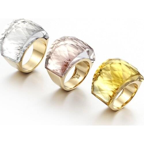 Fashion Women Color Gold Stainless Steel Multicolors Crystal Black Pink Blue Red Glass Stone Overstate Finger Rings Jewelry