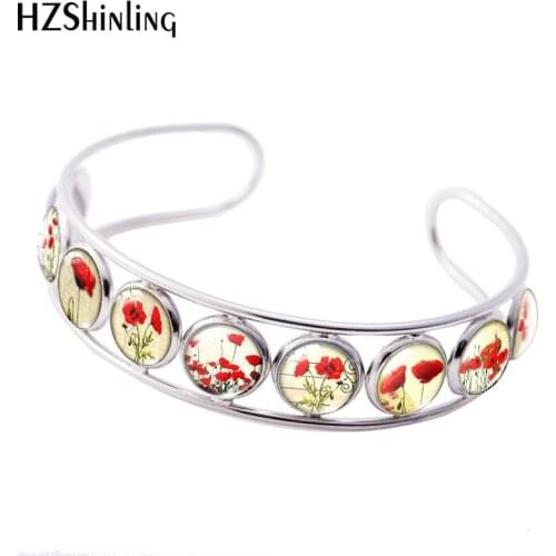 2019 New Red Flower Cuff Bracelet Plant Art Painting Bracelets Hand Craft Photo Glass Cabochon Jewelry