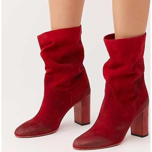 Drop Shipping Spring Autumn Woman Fashion Solid Red Brown Slim Slip On Round Toe Rough Heels Mid-calf Short Boots Lady Size 42