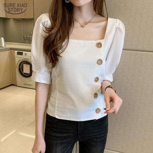 Korean Puff Sleeve Solid Button Shirts Vintage Linen Cotton Shirt Womans Blouses Slim Short Sleeve Top Ropa De Mujer 9637