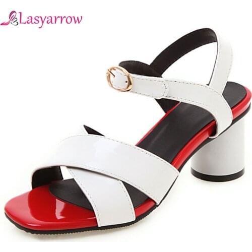 Lasyarrow Women Sandals Block High Heels Red Pink Cross Strap Buckle Woman Shoes Summer 2019 Large Sizes Fashion Female J873