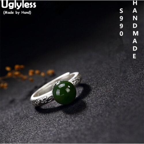 Uglyless Real 990 Silver Fine Jewelry Natural Green Jade Ball Rings Women Noble Jasper Open Ring Handmade Engraved Bijoux Ethnic