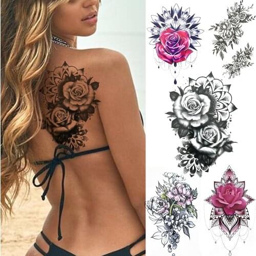 DIY Black Flower Temporary Tattoos For Women Girl Black Jewelry Tattoo Sticker 3D Rose Waterproof High Quality Fake Tatoos Peony