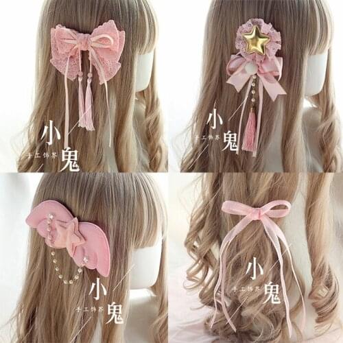 Japanese Pink Sweet Lace Hair Clip Wings Girls Bowknot Hair Clip Tassel Kawaii Edge Clip Cute Pearl KC Headband Handmade Cosplay