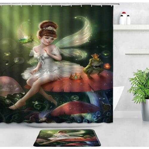 Butterfly Elf Girl Shower Curtains Bath Mats Set Frog Mushroom Dream Forest Children Decor Door Pad Bathroom Carpet Non-slip Rug
