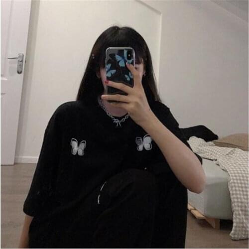 Spring Summer New Women Tshirt Butterfly Print Short Sleeve Round Neck T shirts Women Cotton Spandex Tee shirt Femme