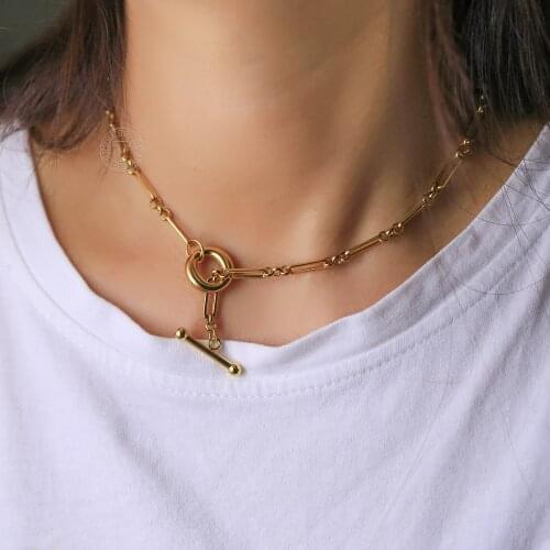 Womens Chokers Necklace Gold Color Stainless Steel Cable Link Chain Toggle Clasp 14/16inch Fashion Jewelry Wholesale LDN289