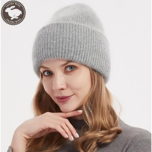 Women Winter Angora Wool Knit Beanie Hats Double Layers Female Outdoor Ski Brand Skullies Cap for Girls