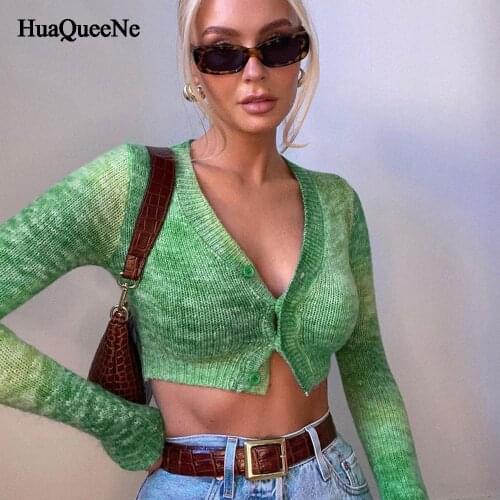 Sweaters for women fashion Green Sweater Cardigan Top Round Neck Short Knit Tie Dye Fashion Sweater Cardigan Top y2k clothes