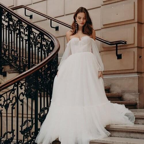 2021 New On Sale Boho Bridal Tulle Wedding Dresses Off Shoulder Long Sleeves Floor Length Bride Gowns Pleated