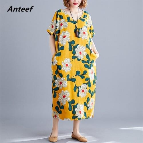 Yellow cotton linen vintage floral plus size women casual loose long summer dress elegant clothes 2021 ladies dresses sundress