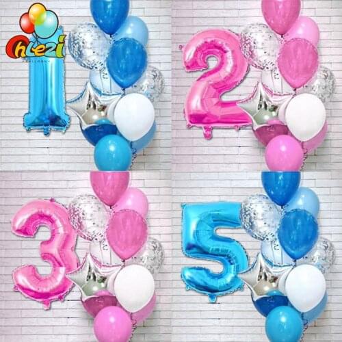 12pcs Pink Blue Number Foil Latex Balloons Digital 1 2 3 Years Birthday Party Decoration Kids Toys Girl Boy Baby Shower Balloon