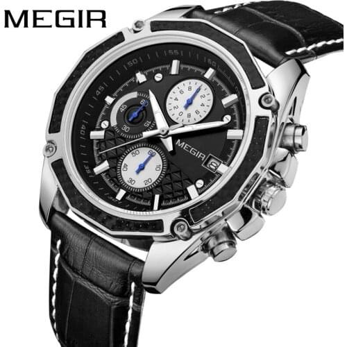 MEGIR Fashion Mens Wrist Watches Chronograph Clock Male Waterproof Leather Top Brand Luxury Quartz Watch Men relogio masculino