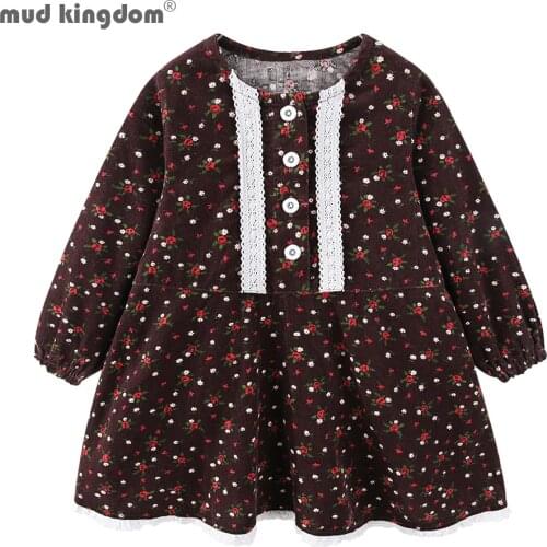 Mudkingdom Autumn Winter Toddler Girl Dress Long Sleeve Floral Princess Dress Kids Corduroy Pleated Fashion Baby Dress