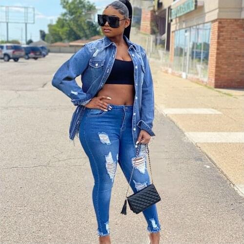 Jean Jacket Women Denim Jackets Blue Jean Jacket Hot Tassel Ripped Denim Jacket Women Hole New Fashion Denim Blue Long Coat