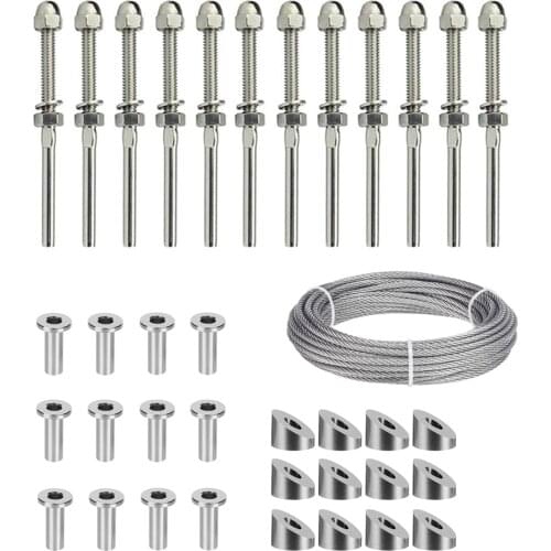 316 Stainless Steel Cable Railing Kit Threaded Swage Stud Beveled Washer and Protector Sleeves Fitting 1/8 Inch Wire Rope