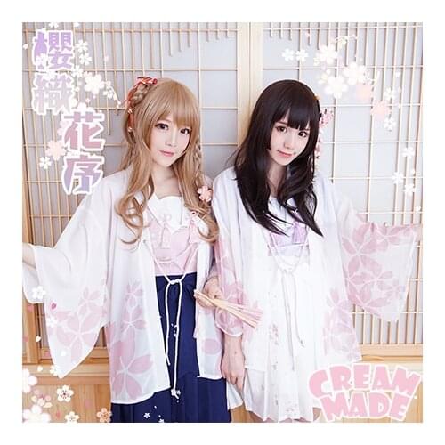 Sakura Dance Super Cute Japanese Style Yukata Sailor Suit Set Yukata Outwear + Sakura Tops Shirt + Pleated Skirt