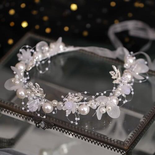 Hot Sale Silver Color Tiaras Headbands Wedding Bridal Hair Accessories Pearls Crystal Veil Hairbands Handmade Ribbon Jewelry