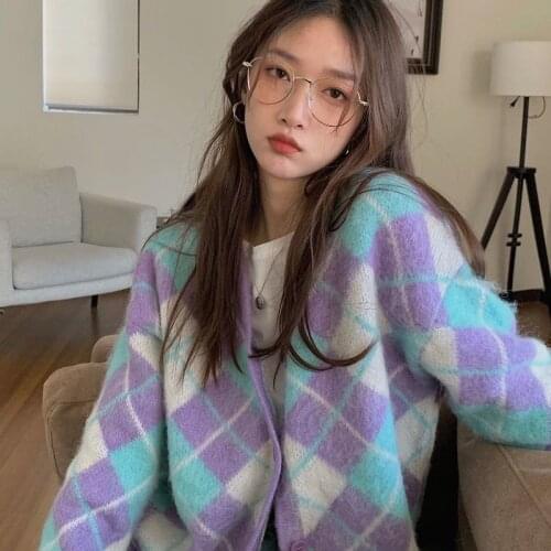 Japanese Style Rhombus New Spring and Autumn Sweater Women 's Knitted Cardigan Coat Women 's Korean Style All -Matching Fashion