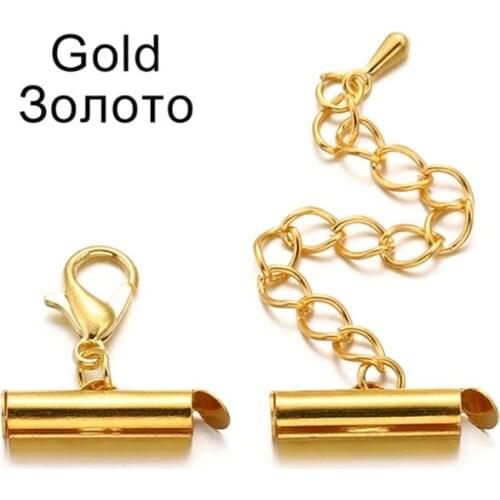 Crimp End Beads Slide End Caps Connectors Buckles Tubes Slider For DIY Jewelry Making Accessories End Clasp With Chain 10set/lot