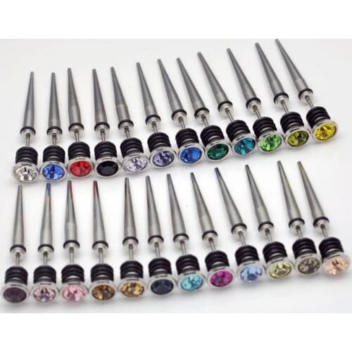 Wholesale titanium steel spike earrings with top crystal gems men punk earring body piercing jewelry ear gauges