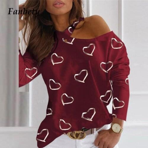 Women Autumn Casual Heart Print Tee Shirt Elegant Off Shoulder O Neck Long Sleeve Top Fashion Lady Halter T Shirt Streetwear 3XL