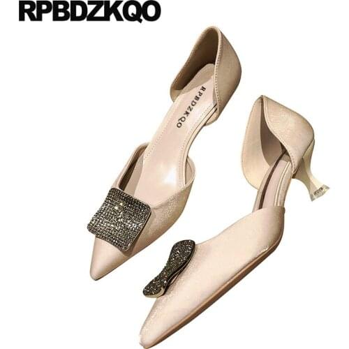 Size 4 34 stiletto slip on kitten sandals brand women shoes 2019 casual medium heels scarpin satin thin pointed toe summer pumps