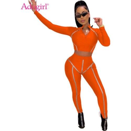 Adogirl Reflective Stripe Patchwork Women Tracksuit Active 2 Piece Set Zipper Long Sleeve Shirt Crop Top Jogging Leggings Pants