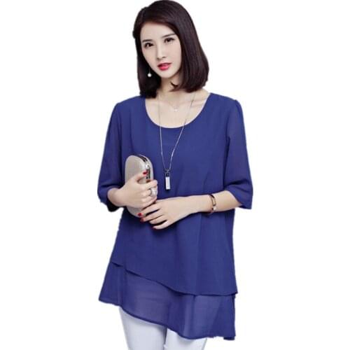 Vintage Chiffon Blouse Women Blue Blusas Mujer De Moda Oversize Shirt Tops Summer Korean Style Long Tunic Clothes