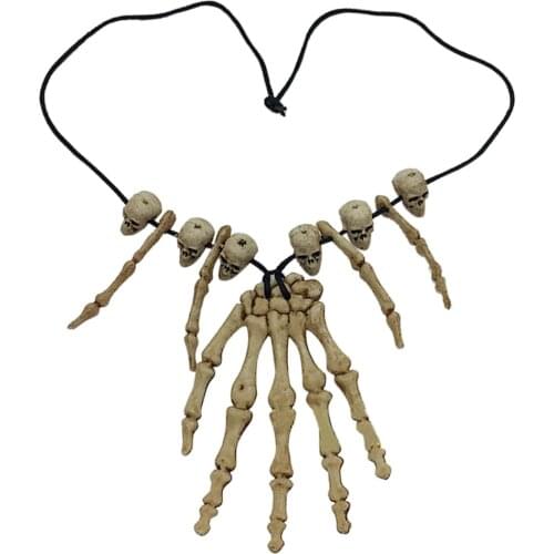 Vintage Skull Head and Hand Bone Pendant Necklace for Cosplay Halloween Fancy Party Dress Up Costume