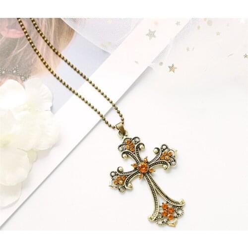 Jewelry Gift Student Female Girl Women Girl Friend Metal Ancient bronze rhinestone Cross Alloy Pendant Charm Necklace