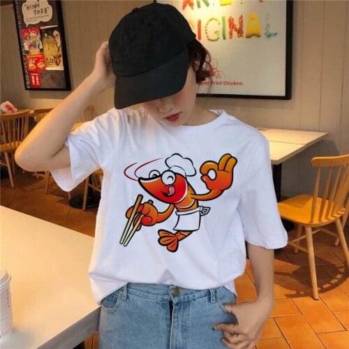 Female Summer Short Sleeve T-Shirt Women Cute Lobsterling Print Tshirt Girl Harajuku Casual White Tops Drop ship