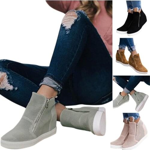 SAGACE Women‘s Non-slip Running Footwear Zapatillas Mujer Ladies Fashion Hollow Zipper Ankle Wedges Round Toe Casual Boots Shoes