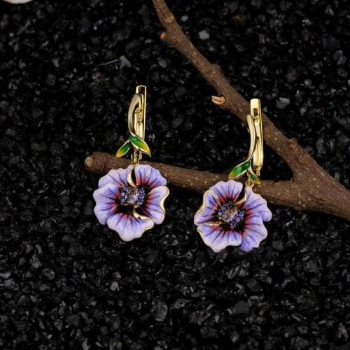Vintage Jewelry Cute Lovely Silver Plated Dangle Drop Earrings for Women Enamel Petal Flower Earrings Wedding Party Jewelry