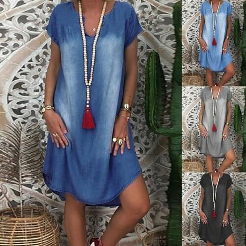 35# Dress Casual Plus Size Women Summer Short Sleeve V Neck Denim Jean Dress Knee Length Denim Short Dress vestido de mujer