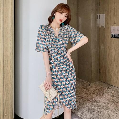 Fashion Summer Vintage Half Sleeve Midi Party Dress Ladies Elegant Streetwear Casual V-Neck Print Folds Split Asymmetrical Dress