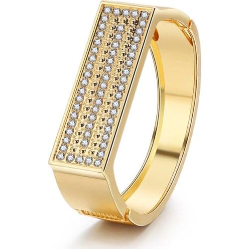 Gold Color Simple Design Crystal Wide Bracelets Trendy One Letter Shape Wedding Bangles Jewelry For Women