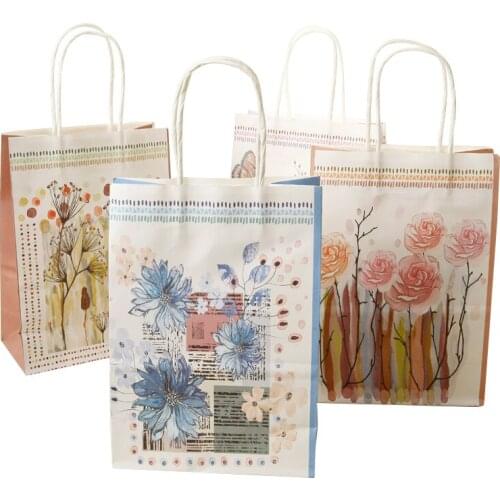 10PCS Printed Flower kraft paper bag Watercolor flower gift bag Festival Paper bag with handles wedding birthday party 21x15x8cm