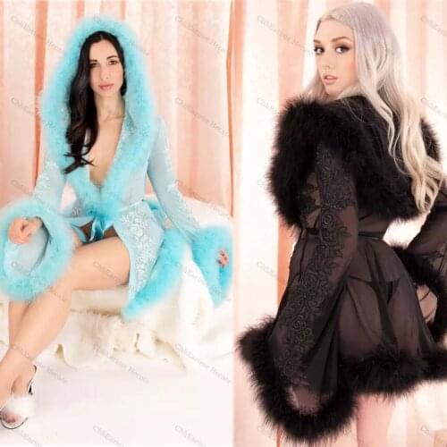2021 Short Women Sleepwear Lingerie Lace Fur Robe With Hat Long Sleeve Bathrobe Tulle Nightwear Babydoll Robe Dress