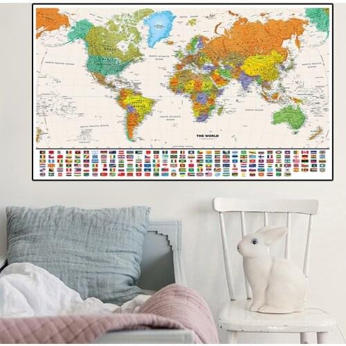 150x225cm The World Physical Map with National Flag for Education and Culture Non-woven Spray World Map Wallpaper Travel Gifts