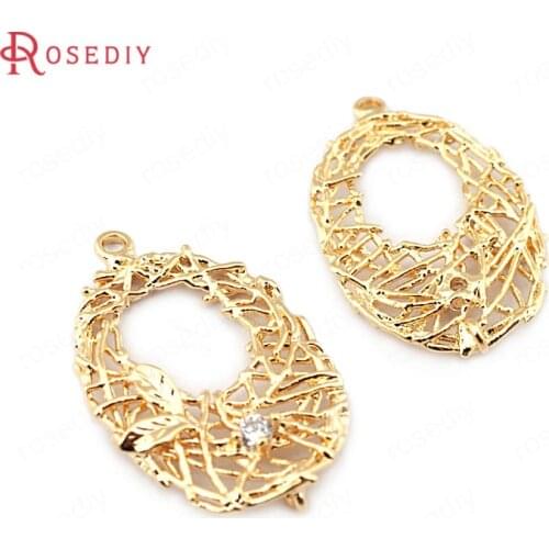 33684)6PCS 28*17MM 24K Gold Color Brass with Zircon Oval Vine Charms Pendants High Quality Diy Jewelry Findings Accessories