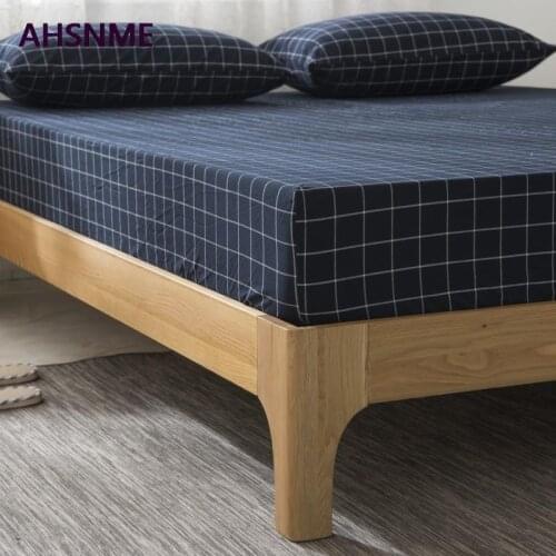 AHSNME 100% Cotton sheets Super Soft parure de lit Cool Summer Simple Black + medium grid Fitted Sheet 90x200/120x200/180x200cm